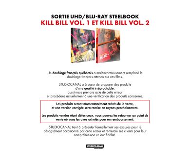MAJ VFQ : Kill Bill : Volume 1 (2003) et Volume 2 (2004) en France le 17 décembre en 4K Ultra HD Blu-ray