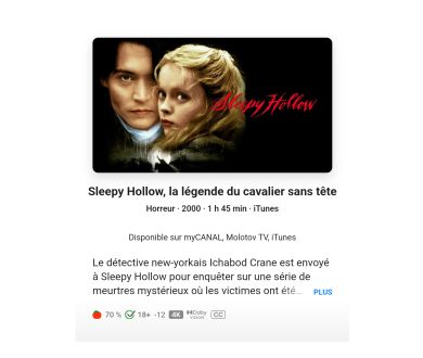 Sleepy Hollow, La Légende du cavalier sans tête (1999) en 4K Dolby Vision sur iTunes