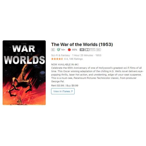 La Guerre des Mondes (1953) : Remasterisation 4K, Dolby Vision et version iTunes