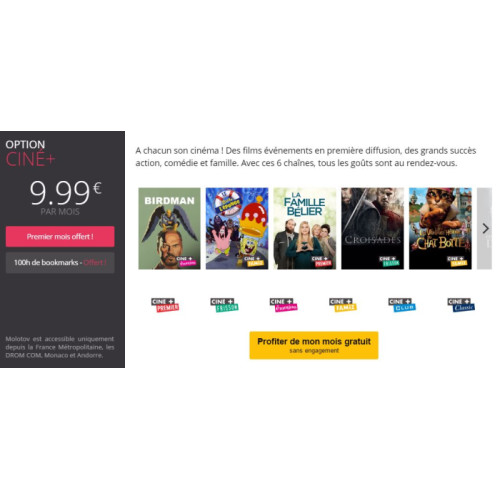 Molotov offre les 6 chaînes Ciné+ pendant un mois