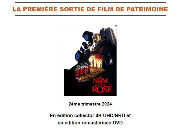 Le Nom de la Rose (1986) : Restauration 4K et édition Ultra HD Blu-ray  courant 2024